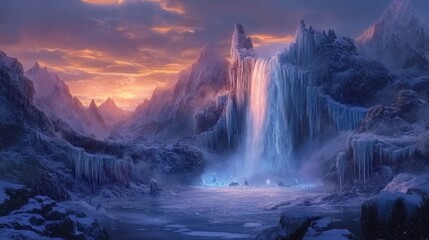 Aufkleber - Breathtaking view of a snowy landscape with a frozen waterfall during sunset in a tranquil setting