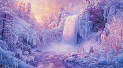 Poster - Breathtaking snowy landscape featuring a majestic waterfall surrounded by frosted trees at sunrise