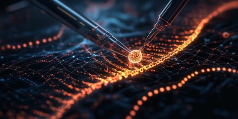 Aufkleber - A close-up of a futuristic interface featuring glowing data lines and two probes interacting with a central point of light.