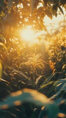 Aufkleber - Rows of corn under golden sunlight during late afternoon in a tranquil agricultural setting