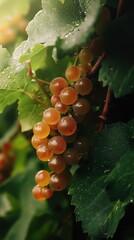 Poster - Close-up view of ripe grapes hanging on a lush vine surrounded by green leaves in a vineyard