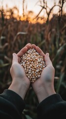 Aufkleber - Close-up view of hands holding corn and wheat grains against a golden sunset in a field