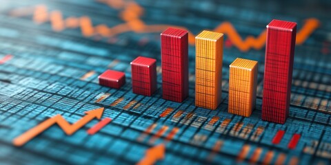 Poster - A vibrant representation of financial data, featuring colorful bar graphs on a digital background, illustrating growth and market trends.