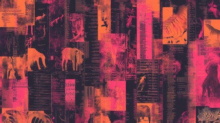 Aufkleber - A vibrant, abstract collage featuring animal silhouettes and textured patterns in bold pink and orange hues.