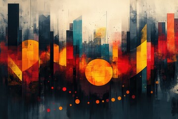 Aufkleber - A vibrant abstract composition featuring geometric shapes, warm colors, and a cityscape silhouette, evoking energy and urban life.