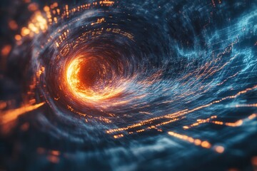 Aufkleber - A swirling vortex of vibrant colors, blending fiery orange and deep blue, evokes a sense of depth and motion in a cosmic landscape.