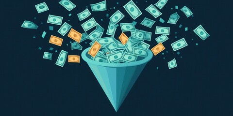 Poster - A funnel overflowing with colorful dollar bills, symbolizing wealth accumulation and financial success.