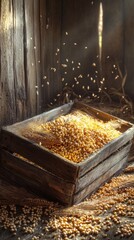 Aufkleber - Wooden crate overflowing with grains in rustic barn illuminated by soft sunlight