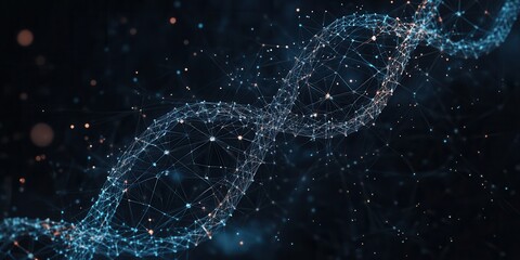 Poster - A digital representation of a DNA double helix with glowing particles, illustrating themes of genetics and molecular biology in a dark background.