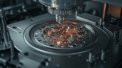 Poster - A close-up view of a precise machine component with intricate details and glowing elements, showcasing advanced technology in action.