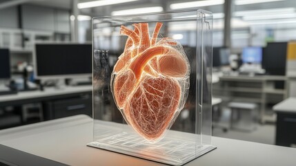 Poster - A glowing 3D model of a human heart displayed in a transparent case, set in a modern laboratory environment with computers in the background.