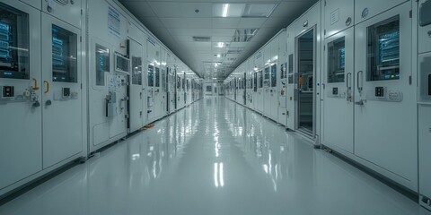Poster - A spacious, illuminated corridor lined with white cabinets, showcasing a modern, sterile environment typical of a laboratory or tech facility.