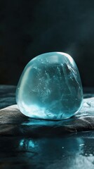 Poster - Polished aquamarine stone showcasing its light blue hue on a textured surface under soft lighting conditions