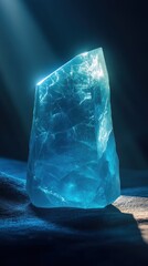 Poster - Polished aquamarine stone glimmers under soft light with a serene blue hue highlighting its facets and natural beauty