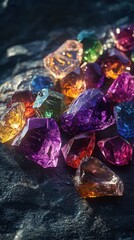 Aufkleber - Pile of vibrant uncut gems showcasing a range of colors in natural light on a dark surface