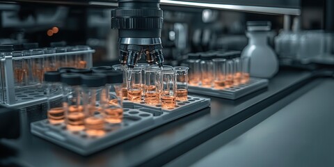 Poster - A close-up view of laboratory test tubes filled with orange liquid, positioned on a lab bench next to a larger container, showcasing a scientific environment.