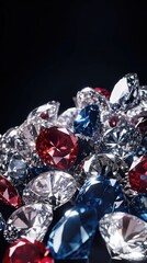 Poster - Pile of shimmering diamonds and rubies sparkling under soft light in a dark setting