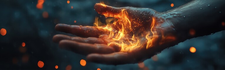 Poster - Hand reaching out with shimmering water droplets in a dramatic display of nature's elements during twilight