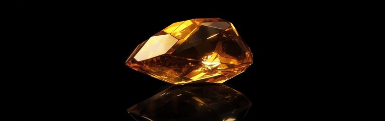 Poster - Golden yellow topaz gemstone glistening on a reflective black surface