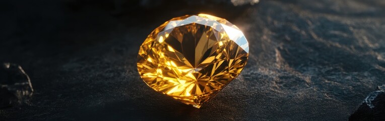 Poster - Golden yellow topaz gemstone gleams brightly against a dark textured surface, showcasing its brilliance and clarity