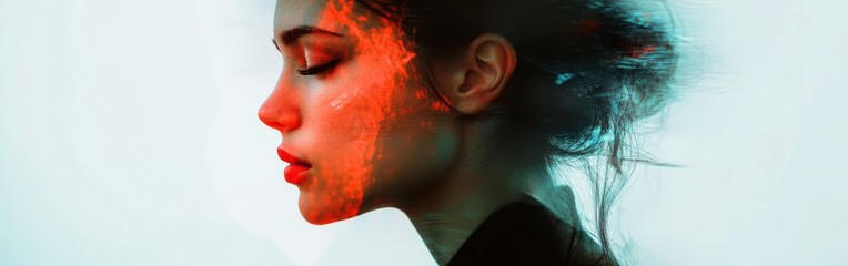 Poster - Capturing beauty through double exposure technique portraying a woman's layered face in vibrant colors