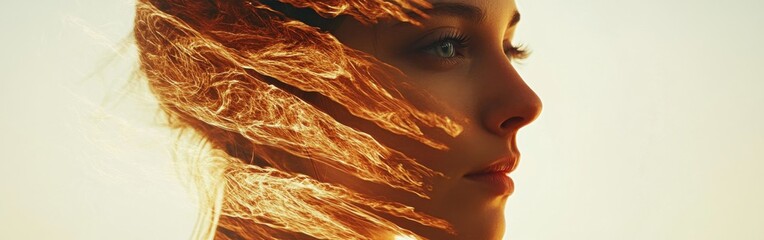 Poster - Double exposure effect showcasing a woman's face with ethereal overlays of light and texture at sunset