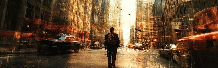 Poster - Double exposure of a person walking down a bustling city street illuminated by warm sunset light