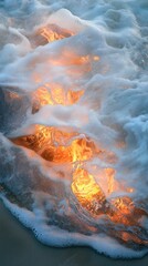 Poster - Dynamic interplay of firelight and waves on a tranquil beach at sunset creating a mesmerizing visual experience