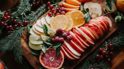 Aufkleber - Freshly sliced fruits arranged beautifully on a wooden cutting board with seasonal greenery