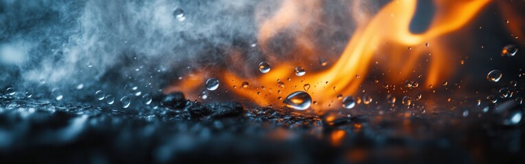 Poster - Close-up view of a burning ember surrounded by droplets in a dramatic display of heat and moisture