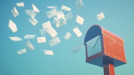 Wall Mural - 36.A realistic 3D render of a vintage-style red mailbox standing tall, with a cluster of pristine white envelopes flying out of it, each envelope with a slight shadow, creating a sense of dynamic