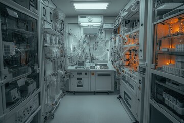 Aufkleber - A modern, high-tech medical facility featuring advanced equipment and illuminated areas, emphasizing a sterile and organized environment.
