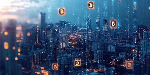 Aufkleber - A futuristic cityscape illuminated by digital Bitcoin icons, symbolizing the intersection of urban life and cryptocurrency.