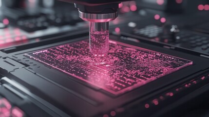 Fototapete - A close-up of a precision instrument working on a circuit board, showcasing glowing pink patterns, highlighting advanced technology and electronics.