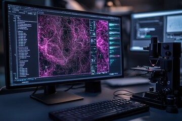 Poster - A high-tech laboratory setup featuring a microscope and monitors displaying vibrant biological data, emphasizing advanced research and analysis.