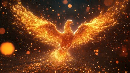 Aufkleber - A majestic phoenix rises with shimmering golden feathers, surrounded by glowing particles, symbolizing rebirth and transformation.