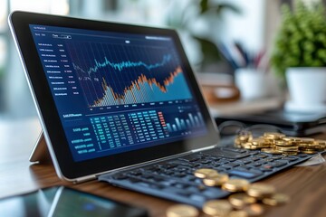 Poster - A digital tablet displaying financial charts and data, surrounded by coins, indicating investment and market analysis.