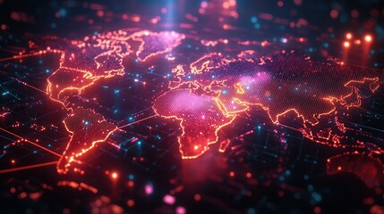 Fototapete - A vibrant, digital representation of a world map illuminated with neon colors, showcasing interconnected networks and a futuristic aesthetic.