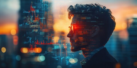 Poster - A silhouette of a man against a sunset, overlaid with digital data and code, symbolizing technology and innovation in a modern urban setting.