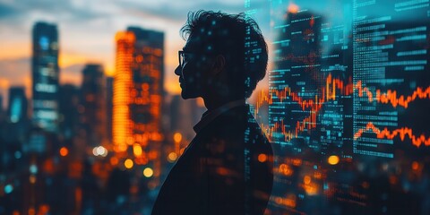 Aufkleber - A silhouette of a person against a city skyline, with digital data overlays suggesting themes of finance and technology.