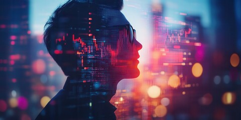 Aufkleber - A silhouette of a person against a vibrant cityscape, featuring data visuals and technological elements, symbolizing innovation and digital transformation.
