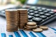 © Po - A close-up of stacked coins beside a calculator and financial charts, symbolizing savings, budgeting, and financial planning.