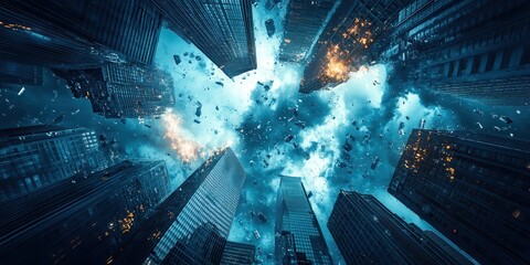 Poster - A dramatic view of a cityscape from below, showcasing towering skyscrapers amidst intense explosions and swirling clouds.