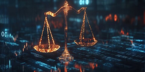 Aufkleber - A glowing scale of justice against a digital background, symbolizing law, balance, and technology in contemporary legal contexts.