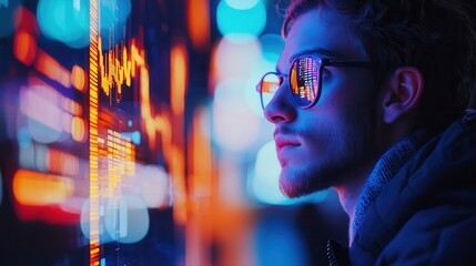 Poster - A focused individual gazes at vibrant data visualizations, reflecting modern technology and analytics in a futuristic setting.