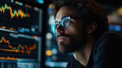 Poster - A focused individual analyzes data on screens, showcasing graphs and statistics related to finance or technology.