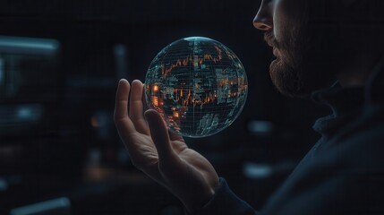 Fototapete - A person gazes thoughtfully at a glowing, transparent globe, showcasing a digital world map, amidst a dark, tech-inspired environment.