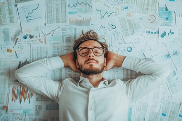 Poster - A relaxed man lies on a surface covered with financial charts and graphs, suggesting contemplation or analysis in a professional setting.