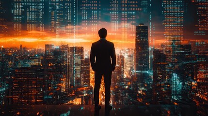Poster - A silhouetted figure stands before a futuristic city skyline, illuminated by digital displays against a vibrant sunset.