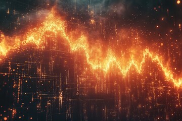 Poster - A vibrant, fiery data visualization with an upward and downward trend, depicting dynamic fluctuations in a digital landscape.